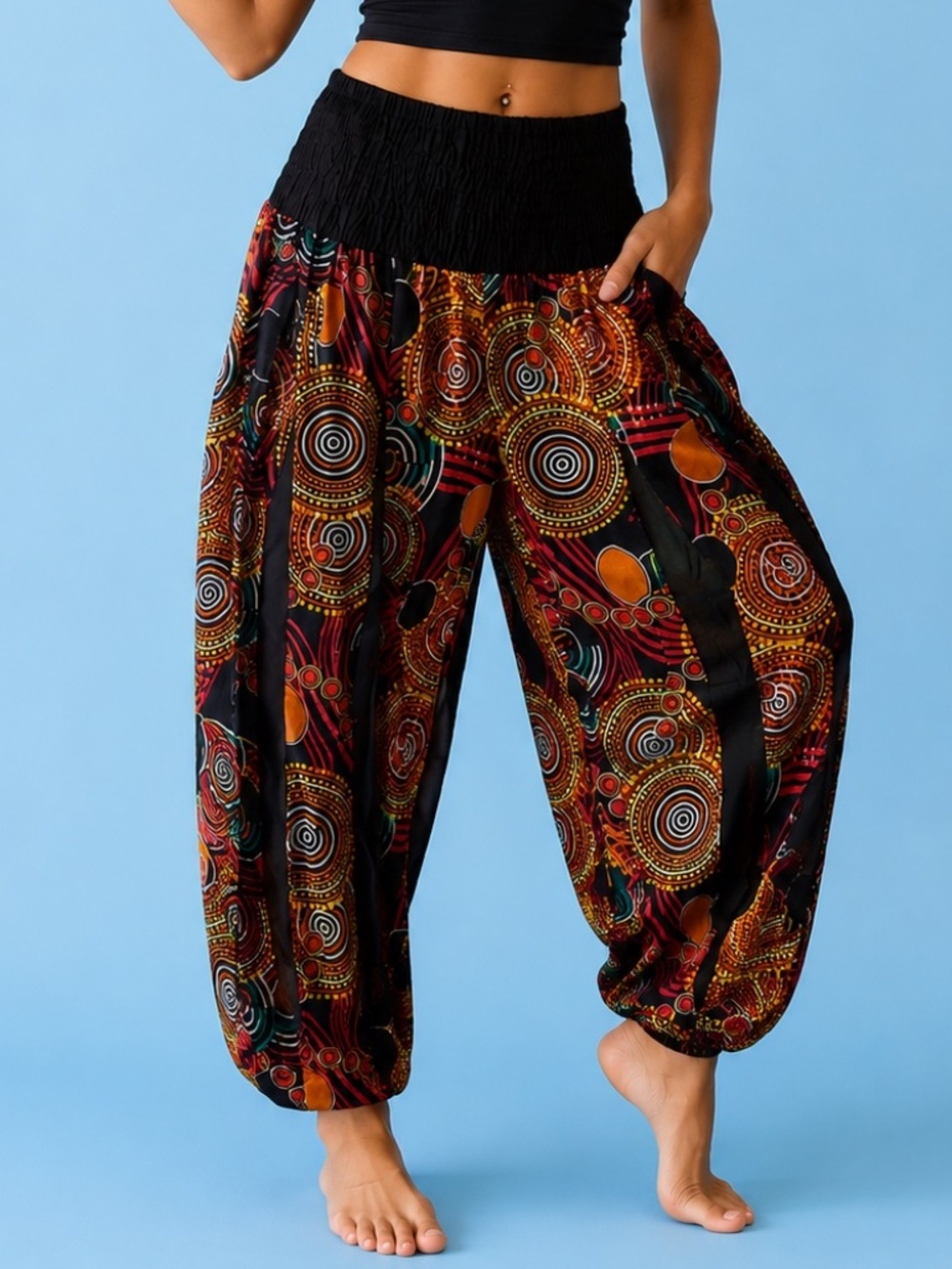 Sahiba Cotton Boho Pants Unisize India Smocked Waist Artisan Print